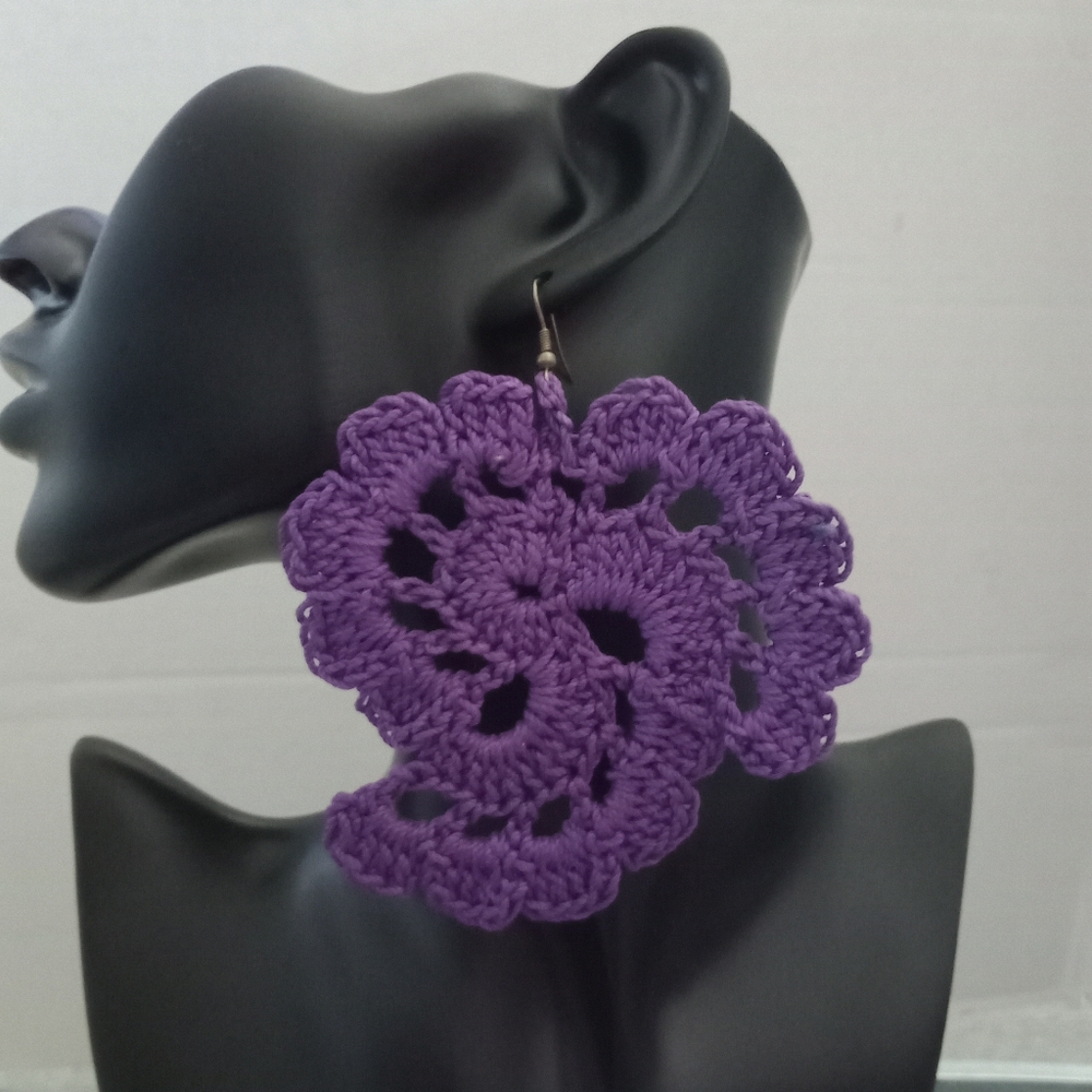 New Statement Earrings Crochet Hand Made Purple BOHO Stunning